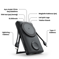 EccoTech 10.000 Mah Wireless Magsafe Stand Özellikli 2in1 15W Powerbank - ( içten kablolu)